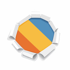 Torn paper effect with blue, yellow, and orange colors underneath.