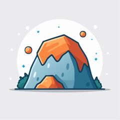 Illustration of a mountain with orange lava flowing down its sides, set against a white circular background.