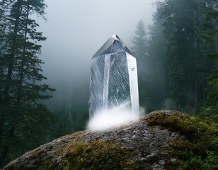 crystal monolith emerging from fog in tranquil forest