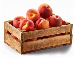 ripe peaches in rustic wooden crate for farm fresh appeal cut out