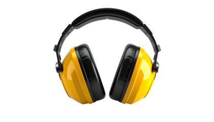 Bright yellow over-ear safety earmuffs with black detailing, isolated on a black background