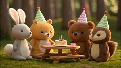 Cute animal friends enjoy a festive outdoor birthday party, sharing cake and gifts, a heartwarming celebration of friendship and innocent joy in a whimsical forest