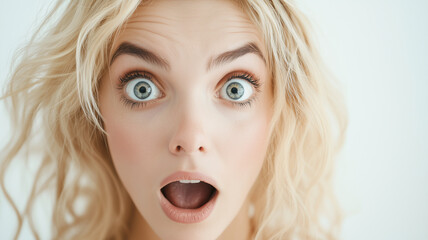 Surprised blonde female face. Emotional portrait capturing astonishment.