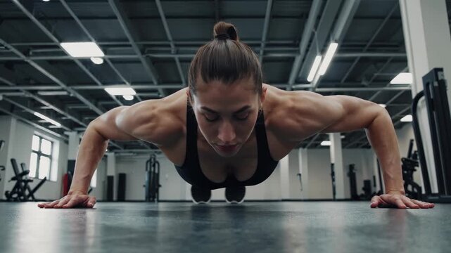 Woman doing push-up in gym during strength workout. Athlete engaged in upper body training with core focus. Powerful exercise pose for fitness and endurance through intense push-up form