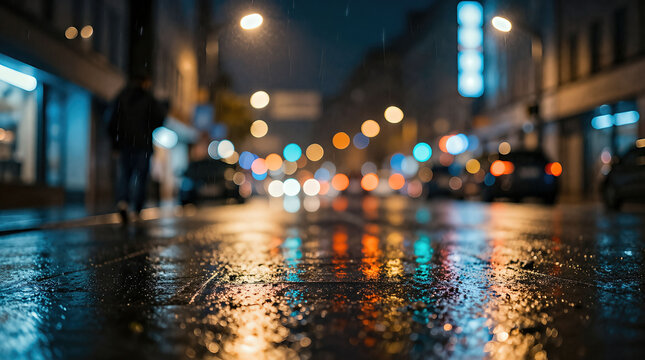 Wet city street at night with blurred lights and reflections in rain