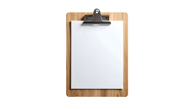 Top-down shot of a wooden clipboard with a blank white paper sheet, against black background