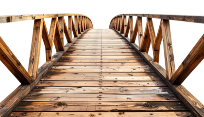 Wooden arched bridge stretches perspective, ending at a blurred point against a black backdrop