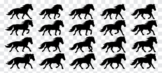 Minimalist vector illustration featuring a large collection of black horse silhouettes in diverse poses, including standing, walking, resting, and mare-with-foal scenes. Clean solid shapes with smooth