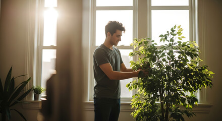 A man tending to a large houseplant near a bright window