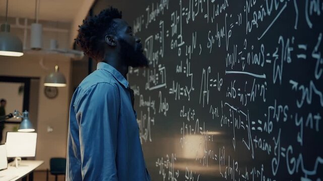 Man analyzing chalkboard formulas. Male scientist stares at complex math on wall. Thoughtful pose in office. Man, chalkboard, focus, idea, serious, indoor, emotion, thinking, math, academic