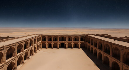 Aerial view of a desert caravanserai under a starry sky