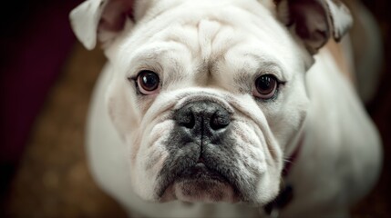 Fototapeta premium Bulldog looking directly at the camera with a serious expression inside a home during daytime