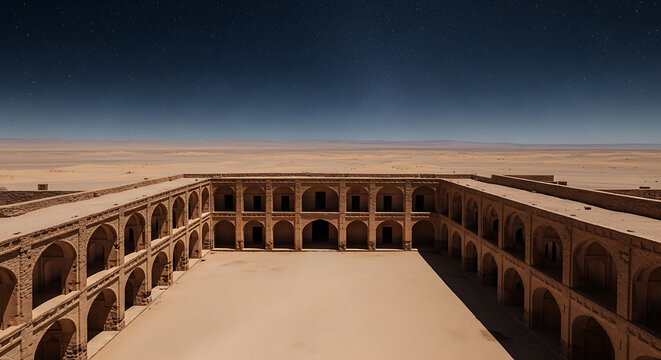 Aerial view of a desert caravanserai under a starry sky