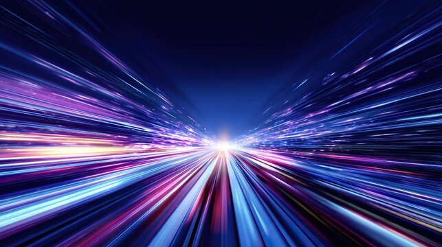 Dark blue background with colorful light beams forming road lines, glowing effect and bokeh lights for abstract technology speed concept vector illustration.