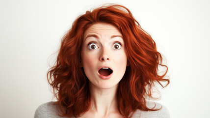 Astonished redhead woman face isolated on white background