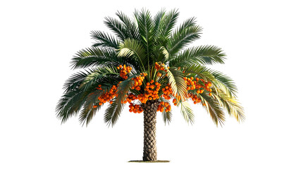 Isolated palm tree with vibrant green fronds, orange fruit, and a textured trunk