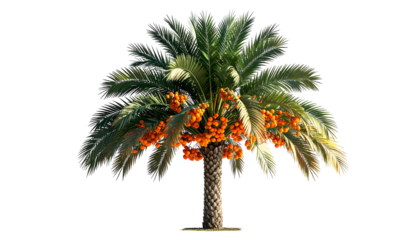 Isolated palm tree with vibrant green fronds, orange fruit, and a textured trunk