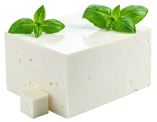 White blocky cheese adorned with fresh green basil leaves