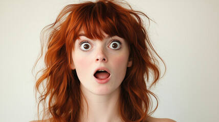 Astonished red haired woman portrait in the studio
