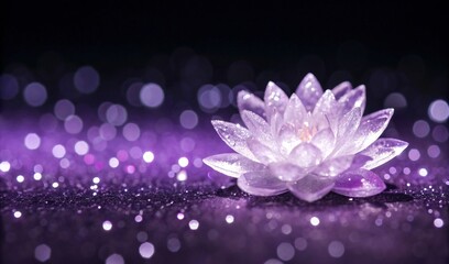 Ethereal lotus bloom shines with purity on a shimmering purple glitter surface, surrounded by gentle bokeh, creating a peaceful and mystical atmosphere