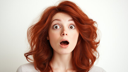 Surprised red haired woman isolated on white background
