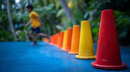 Colorful Training Cones on Blue Sports Track with Blurred Runner in Background