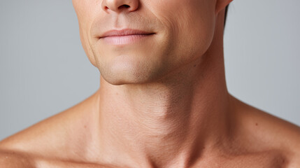 Close up of male matte skin under soft diffused white light showing smooth texture and natural tone with subtle smile and relaxed expression on neutral background