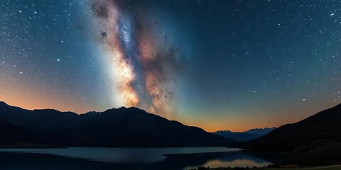 Night sky galaxy over mountain lake, luminous stardust and cosmic hues ,  serene,  majestic