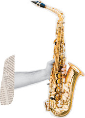 hand holding a trumpet art collage