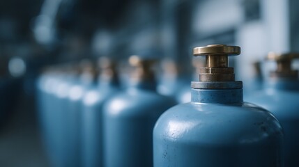 Blue Industrial Gas Cylinders Row with Brass Valve Close-up