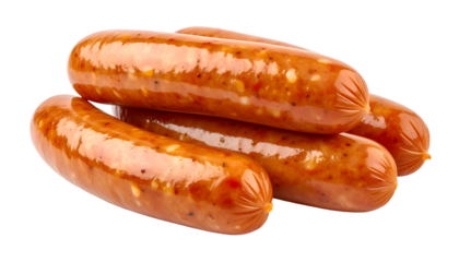 Close-up of glossy, cooked sausages with visible spices, arranged in a small pile