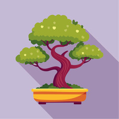Cartoon bonsai tree in a yellow pot with a long shadow on a purple background.