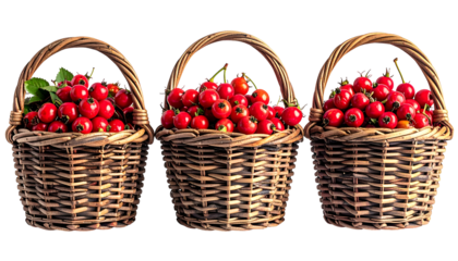 Three woven baskets overflowing with bright red berries, some with green leaves, against black