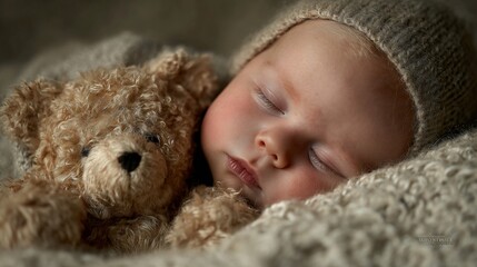 Sleeping baby nestled with teddy bear indoors with soft textures, promoting tranquility and comfort