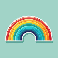 Colorful rainbow sticker with red, orange, yellow, green, light blue, and dark blue stripes on a light blue background.