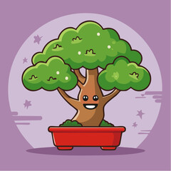 Cartoon bonsai tree with a smiling face in a red pot.