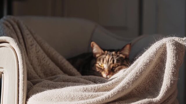 Indoor cat resting on couch. Blanket covers kitten body. Pet relaxes in soft warm place. Eye half open in stare. Fur blends furniture. Hunter pause moment. Whisker stretch on cozy indoor cat