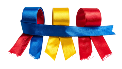 Three vibrantly colored ribbon bows red, yellow, and blue, arranged together