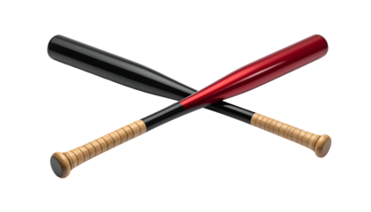 Two crossed wooden bats, one black, one red, with tan grips on a black background
