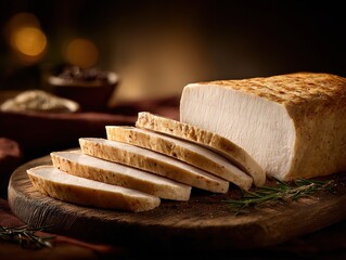 Freshly baked sliced white bread loaf arranged on a rustic wooden board with warm ambient lighting to convey comfort tradition and artisanal baking quality