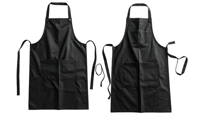 Two frontal views of black aprons with pockets, neck straps, and waist ties