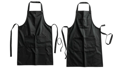 Two frontal views of black aprons with pockets, neck straps, and waist ties
