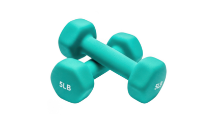 Teal dumbbells with textured grip and 5lb weight isolated on transparent background
