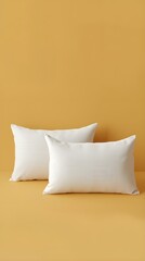 Two white rectangular pillow mockups placed on yellow background for bedroom or living room decor