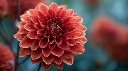 Bright red flower blooms in a garden during late afternoon showing layers of petals and green blurred background