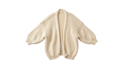 Cream colored knitted cardigan with puffy sleeves isolated on transparent background