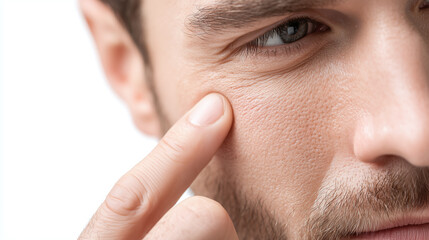 Close up shot of man examining enlarged pores under strong daylight, showing detailed skin texture and natural facial hair with focused expression on his face