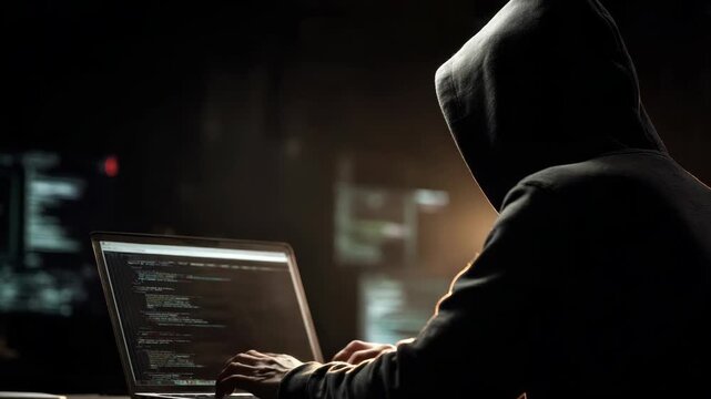 Hooded male hacker in dark room coding on laptop with computer screens