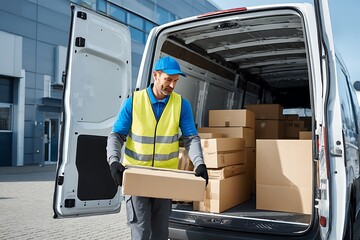 Delivery Man Unloading Cardboard Boxes from a White Van