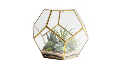 A geometric glass terrarium with gold accents and plants inside isolated on transparent background